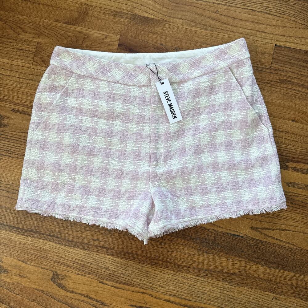 Steve Madden Pink and White Tweed Fringe Hem Shorts